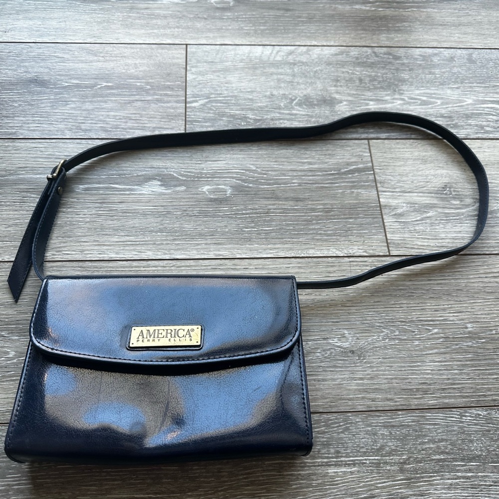 Vintage Perry Ellis America‎ Leather Crossbody Purse  Blue